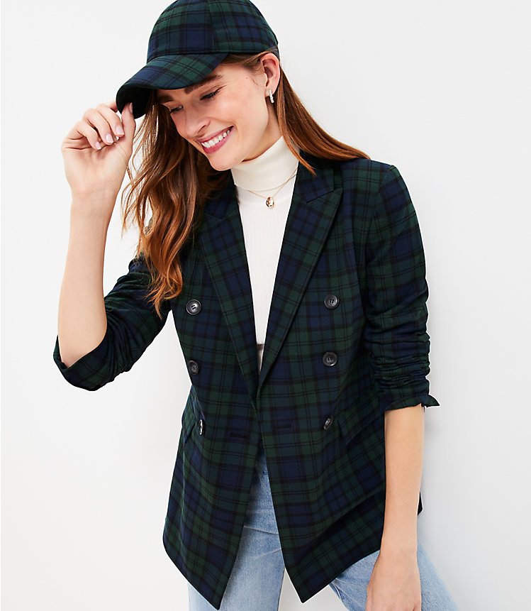Petite Plaid Brushed Flannel Double Breasted Blazer image number 1
