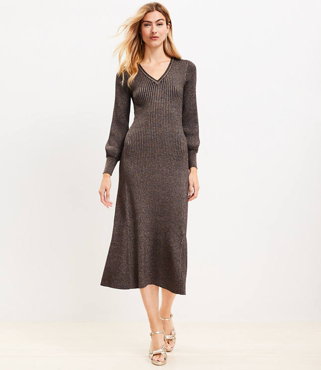 Shimmer Ribbed Button Cuff Midi Sweater Dress