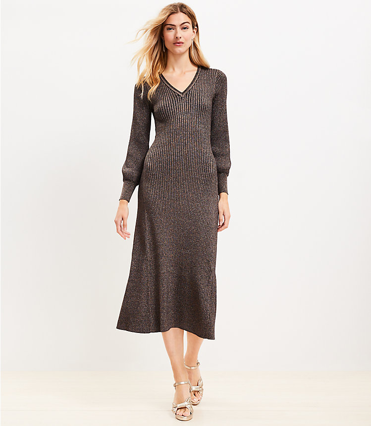 Shimmer Ribbed Button Cuff Midi Sweater Dress image number 0