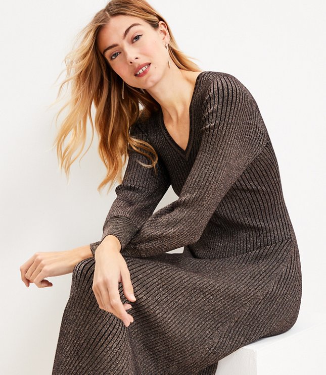 Shimmer Ribbed Button Cuff Midi Sweater Dress