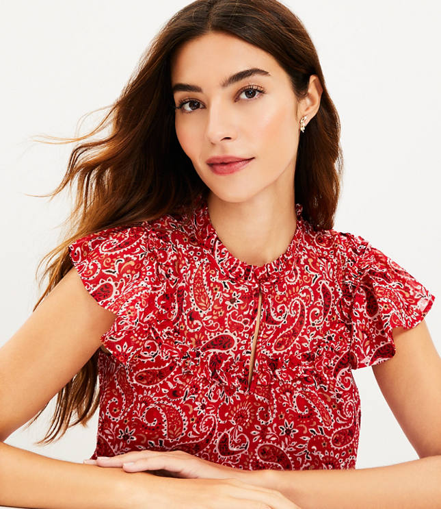 Petite Paisley Ruffle Flutter Sleeve Top