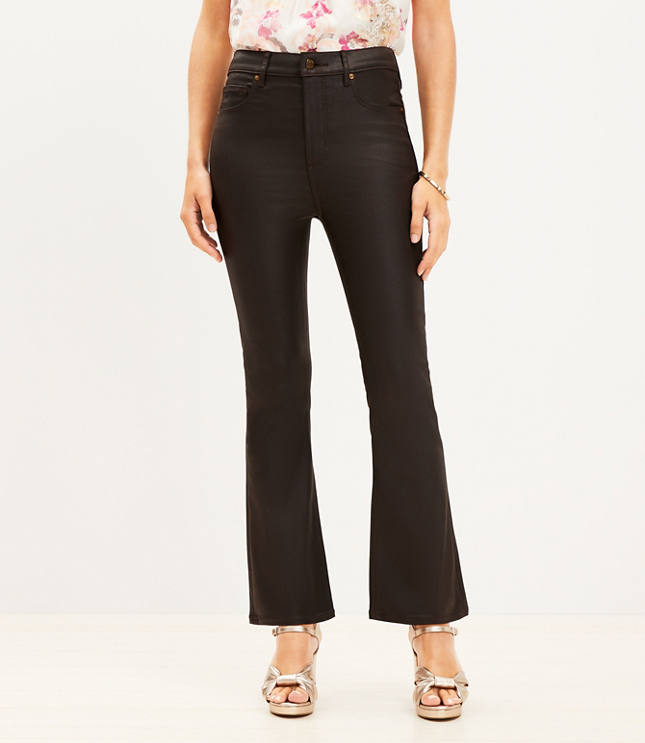 Petite black coated high waisted flared jeans