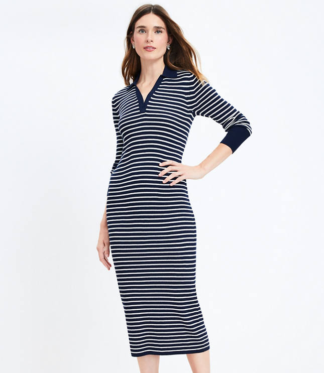 Stripe Ribbed Collared Midi Dress