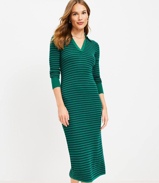 Stripe Ribbed Collared Midi Dress