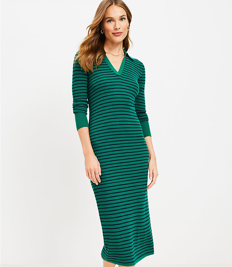 Stripe Ribbed Collared Midi Dress image number null