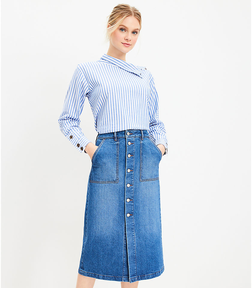 Petite Denim Button Pocket Boot Skirt in Luxe Indigo Wash