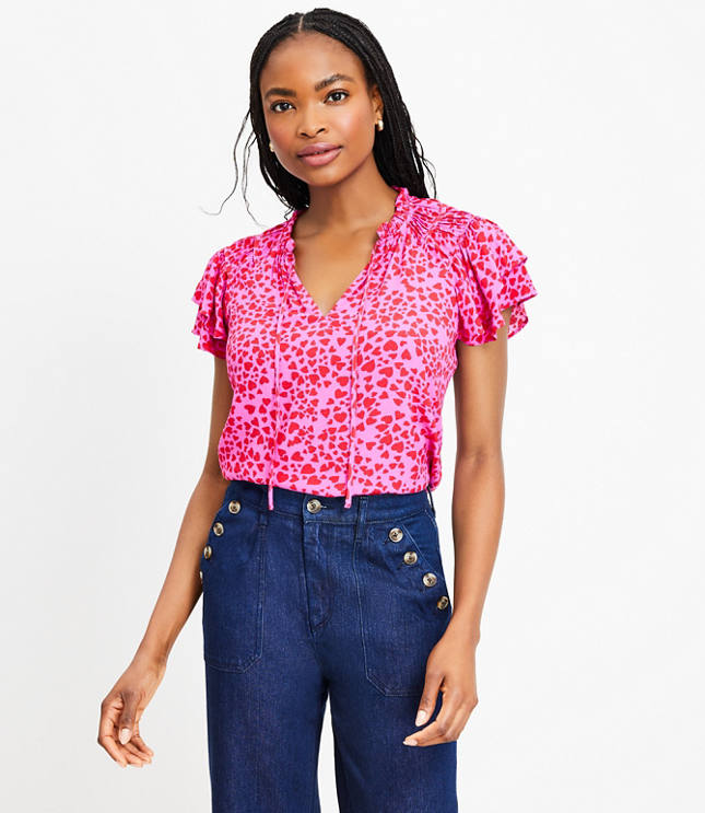 Heart Ruffle Tie Neck Top