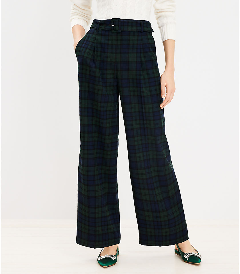 Petite Belted Wide Leg Pants in Plaid Brushed Flannel