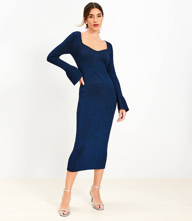 Ribbed Trumpet Sleeve Midi Sweater Dress