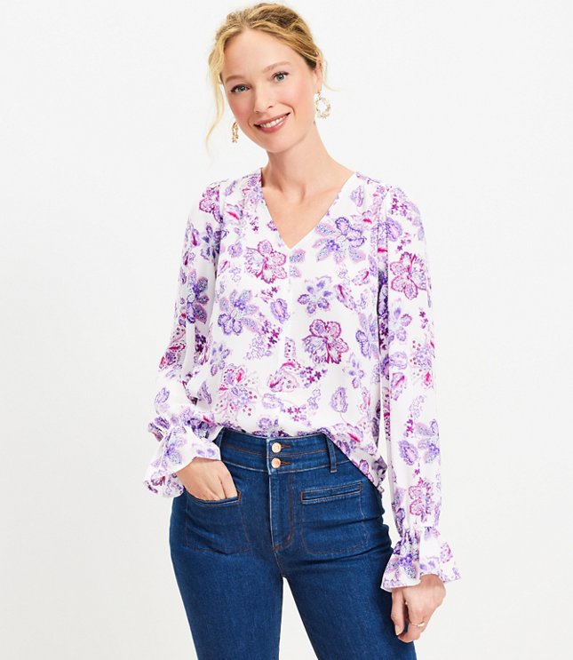 Floral Mixed Media Ruffle Cuff V-Neck Top