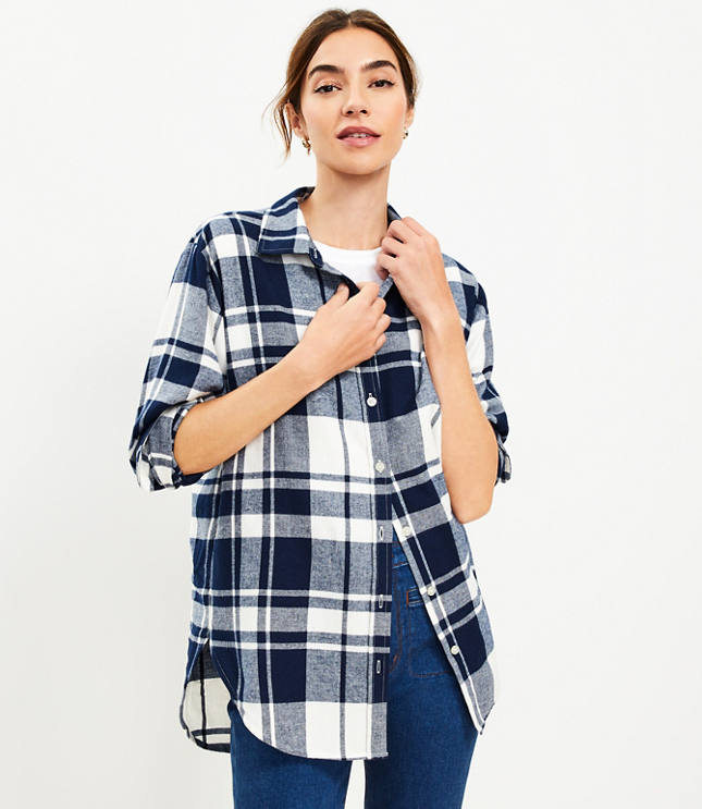 Flannel Button-Up Shirt for Tall Women in Mauve and Blue Plaid