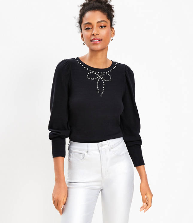 Petite Sparkle Bow Cozy Puff Sleeve Sweatshirt - Black