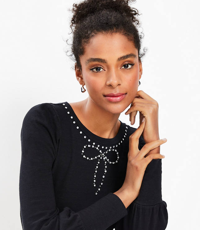 Petite Sparkle Bow Cozy Puff Sleeve Sweatshirt