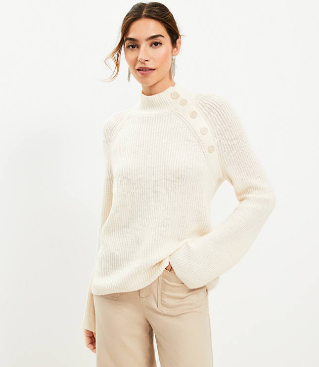 Petite Ribbed Button Neck Flare Sleeve Sweater