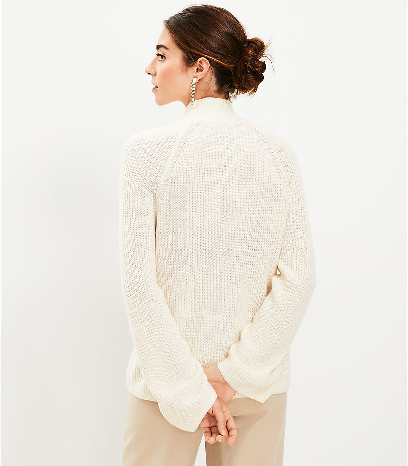Petite Ribbed Button Neck Flare Sleeve Sweater