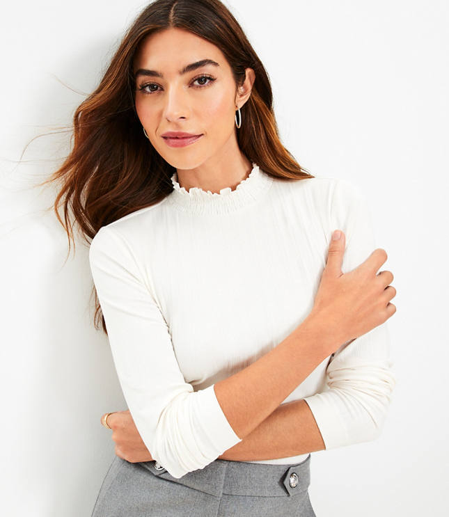 Petite Ribbed Ruffle Mock Neck Top