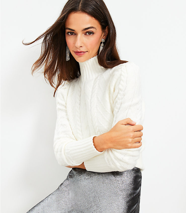 Petite Puff Sleeve Turtleneck Cable Sweater image number 1