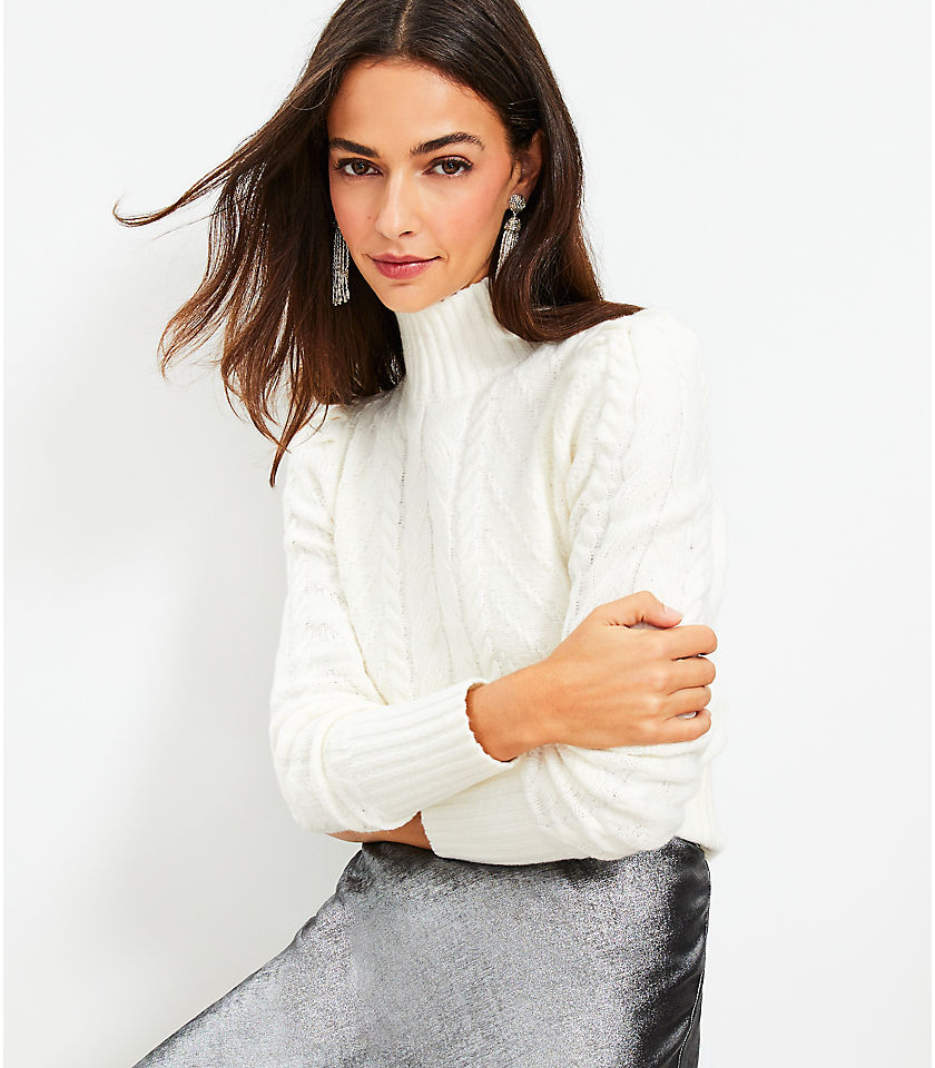 Petite Puff Sleeve Turtleneck Cable Sweater