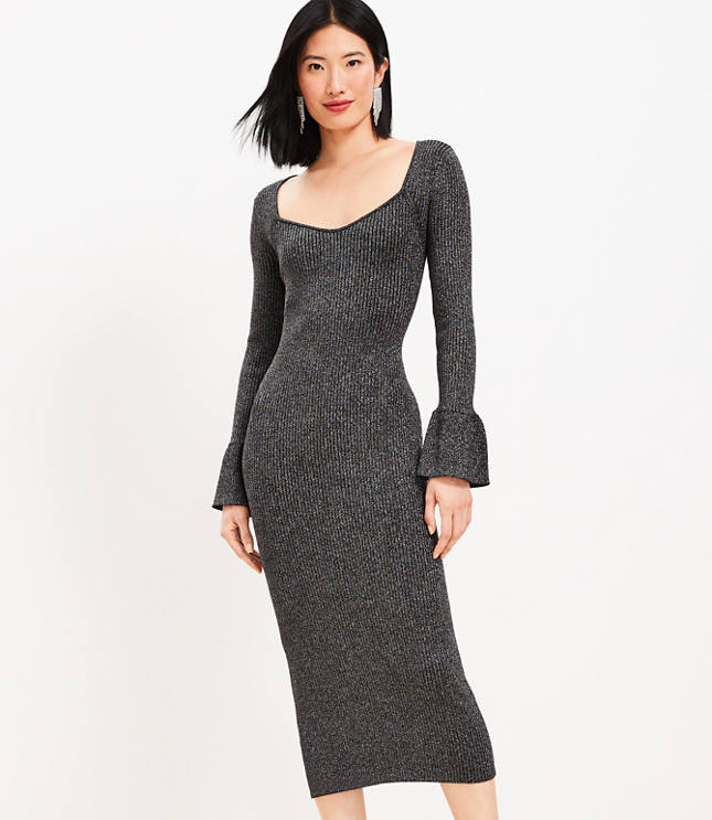 Petite Ribbed Trumpet Sleeve Midi Sweater Dress