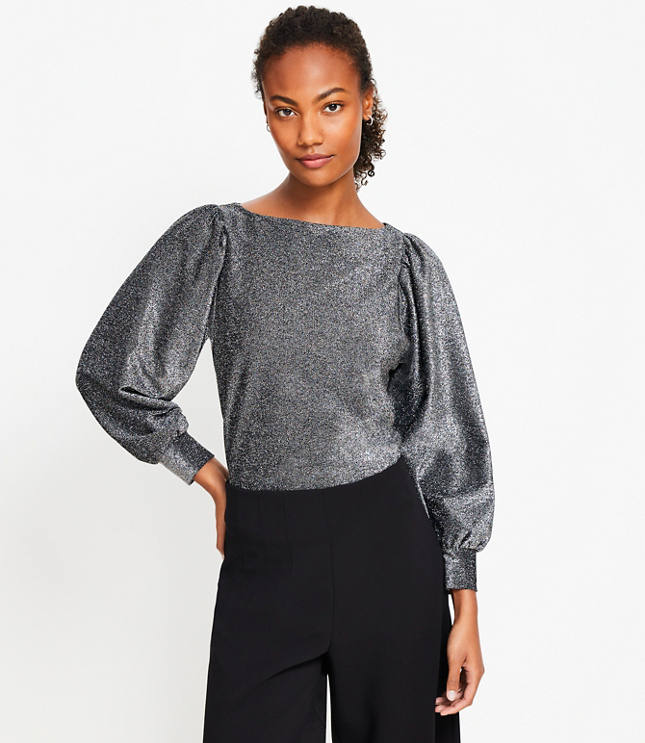 Petite Metallic Draped Sleeve Boatneck Top