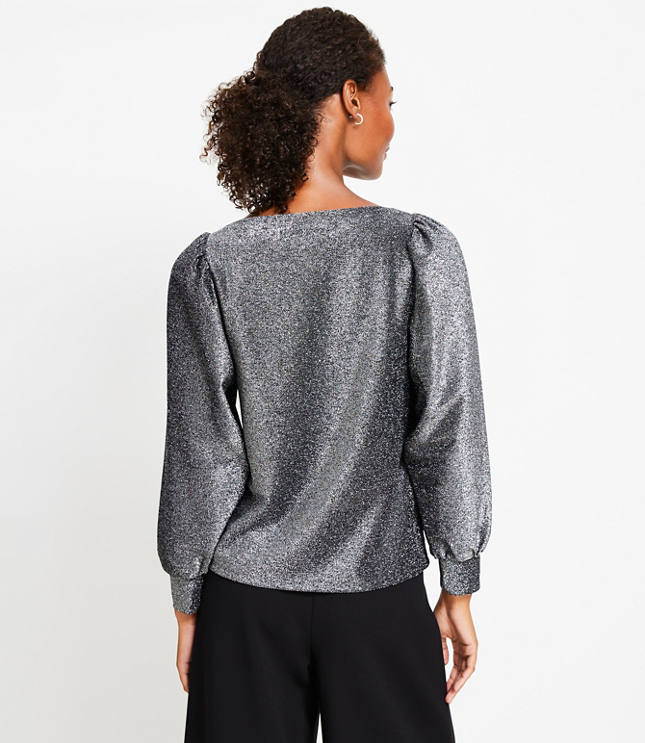 Petite Metallic Draped Sleeve Boatneck Top