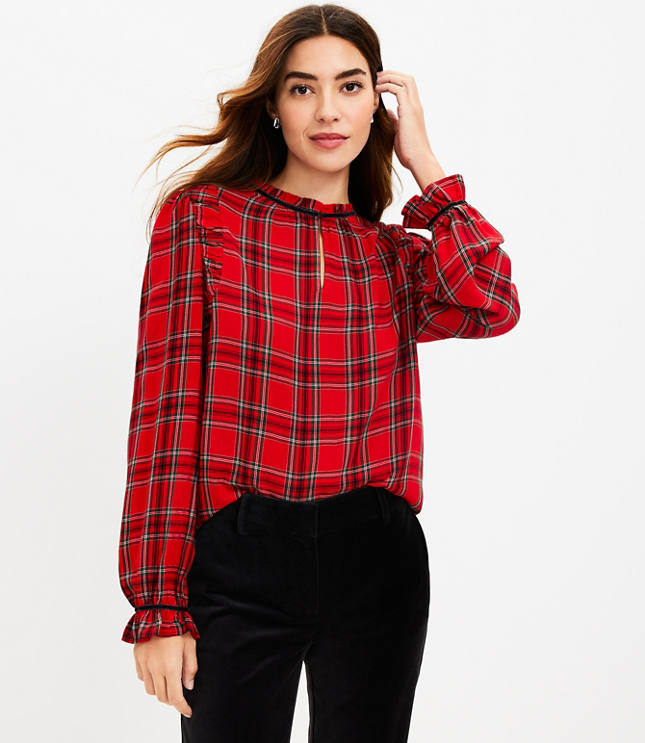 Petite Plaid Ruched Ruffle Neck Blouse