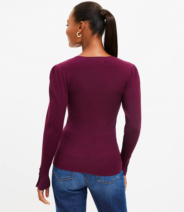 Petite Pearlized Cuff Ribbed Puff Sleeve Sweater