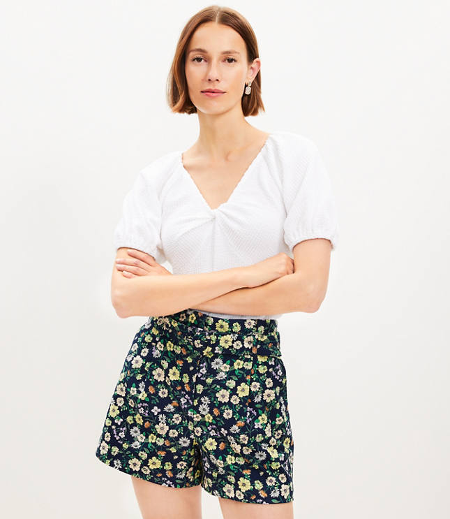 Belted Pleated Shorts Floral Twill