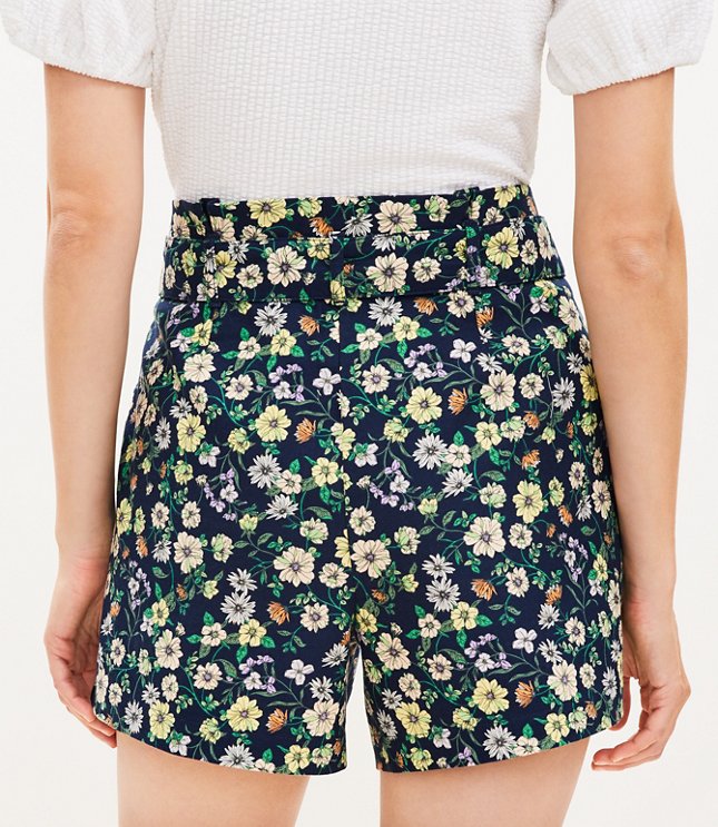 Belted Pleated Shorts in Floral Twill