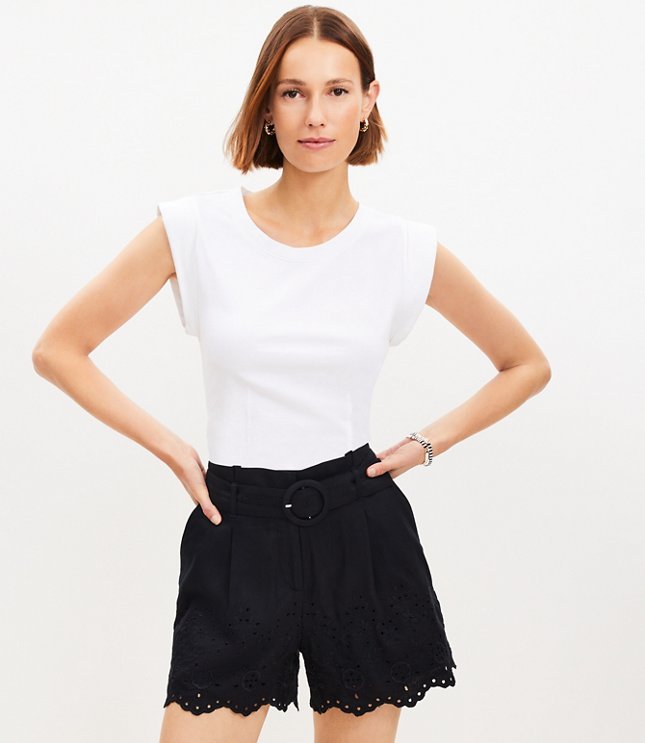 Belted Pleated Shorts in Eyelet Linen Blend