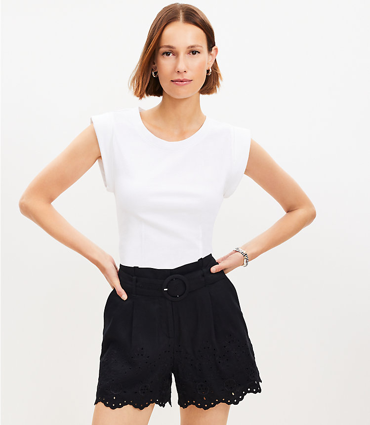 Belted Pleated Shorts in Eyelet Linen Blend image number 0