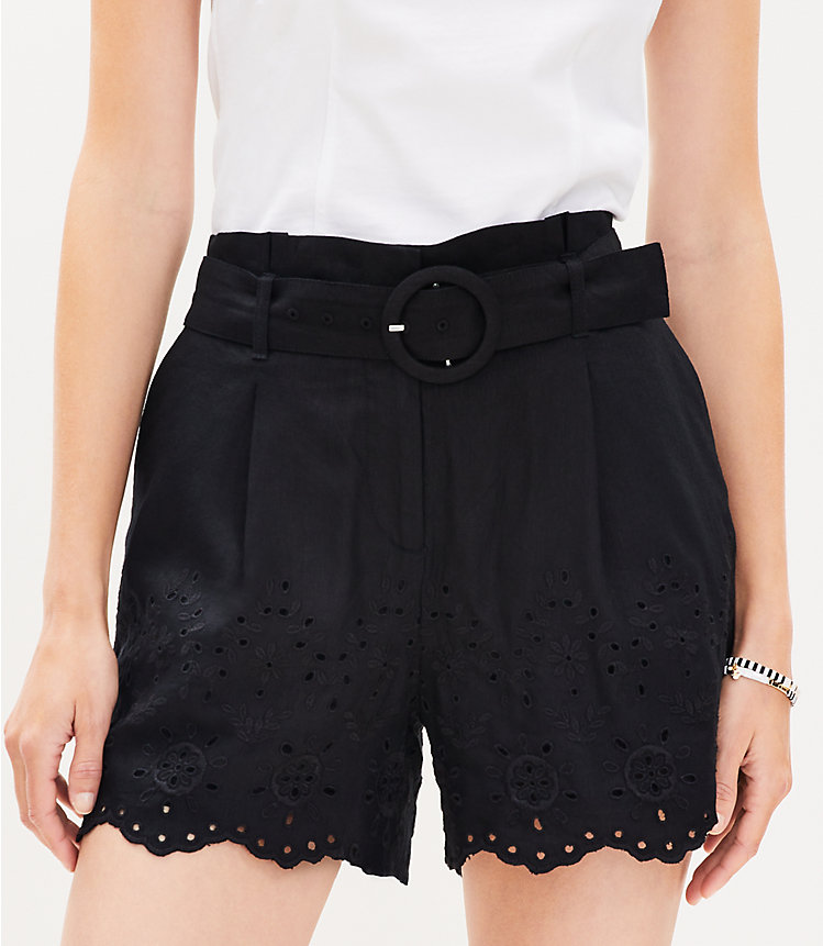 Belted Pleated Shorts in Eyelet Linen Blend image number 1