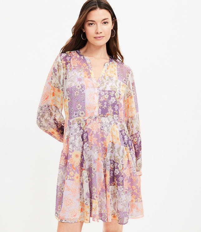 Floral Godet Split Neck Swing Dress carousel Product Image 1