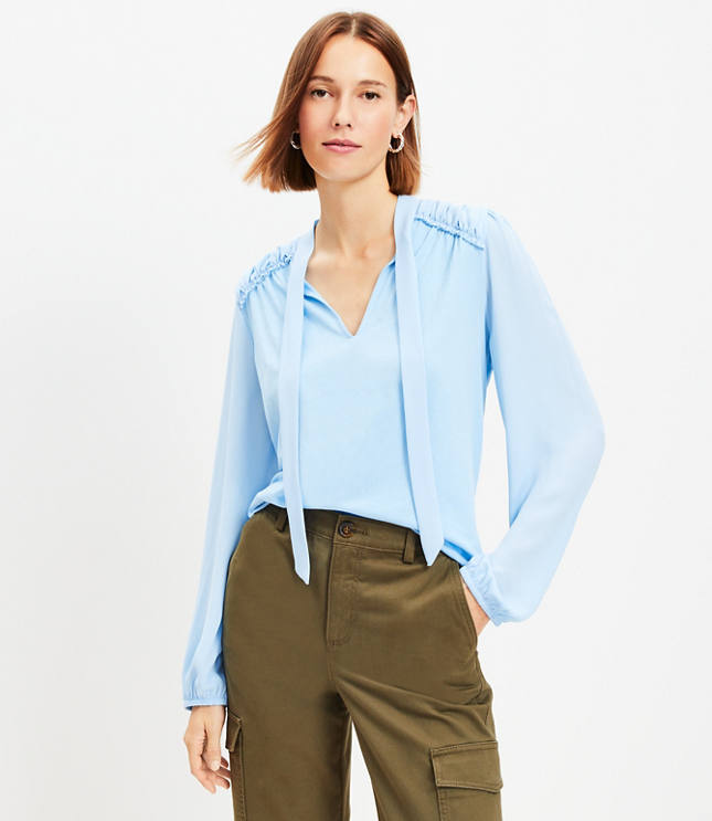 Cutout Yoke Flutter Sleeve Mixed Media Top