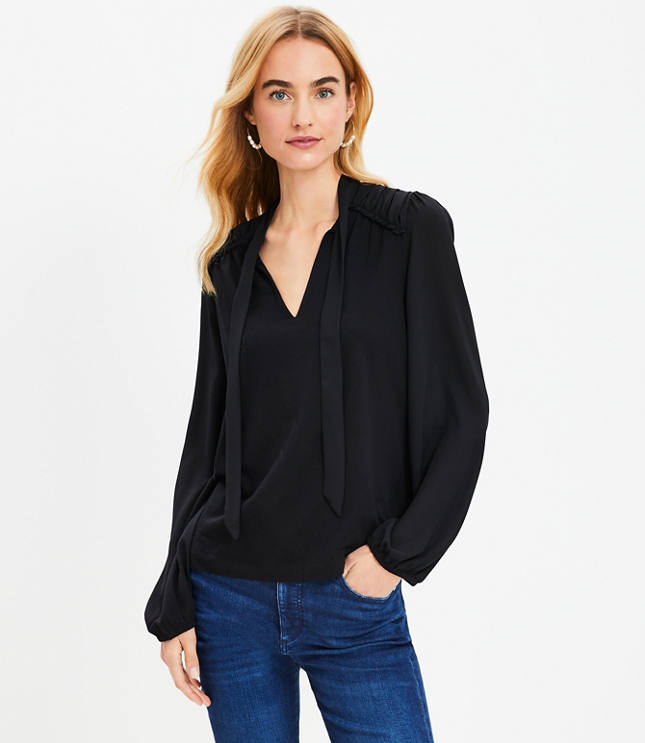 Lantern Sleeve Tie Neck Top