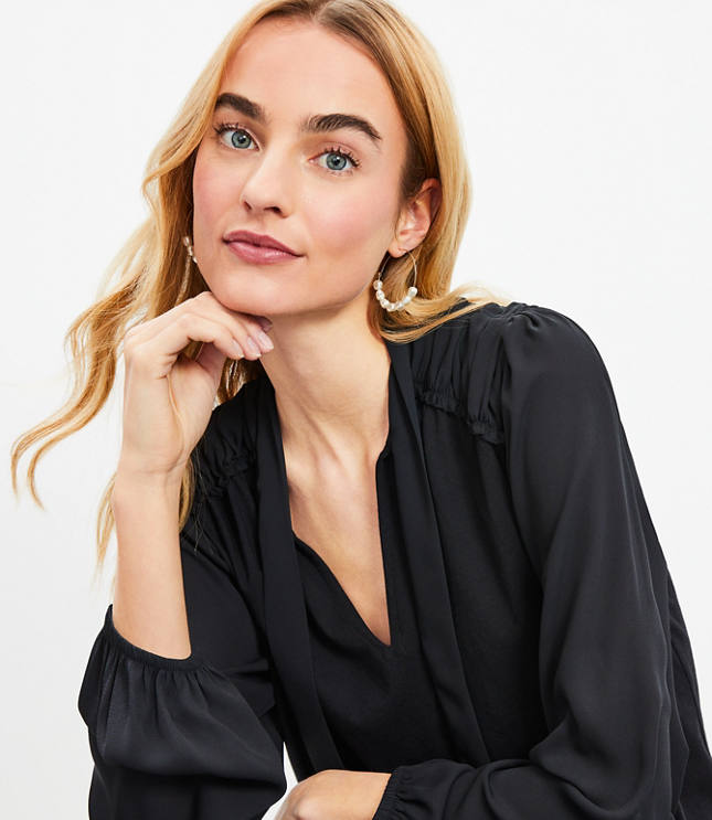 Textured Shirred Tie Neck Mixed Media Top
