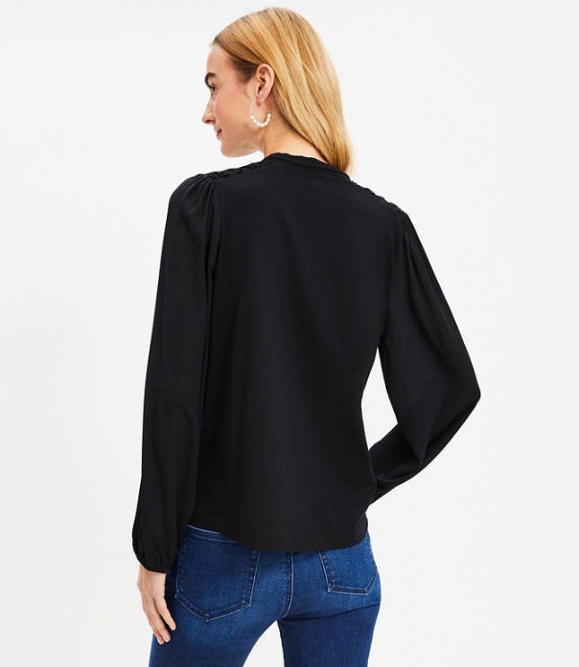 Textured Shirred Tie Neck Mixed Media Top 