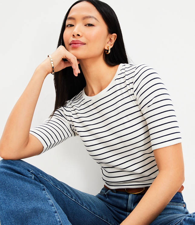 Striped Keyhole Elbow Sleeve Tee