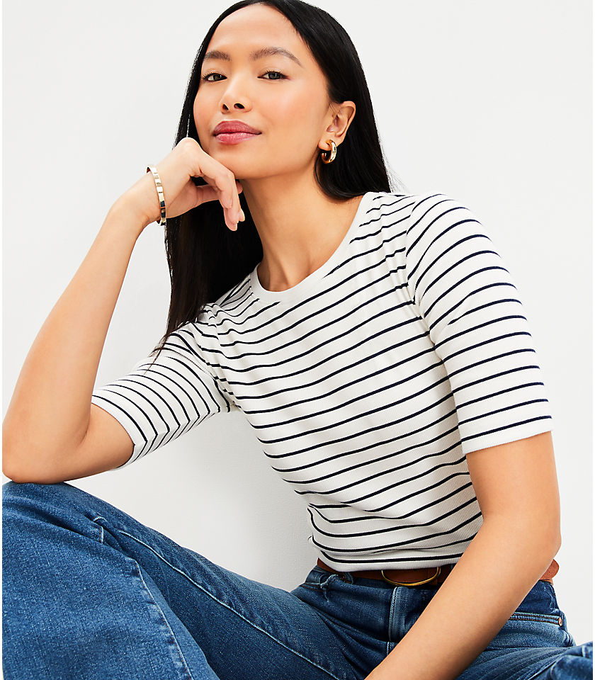 Stripe Perfect Ribbed Elbow Sleeve Tee