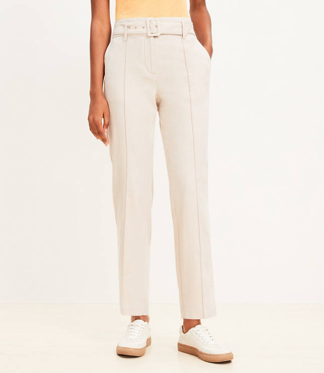 Pintucked Belted Slim Pants in Twill - Toasted Beige