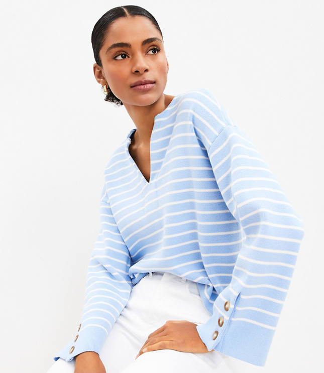 Striped Button Sleeve Split Neck Sweater