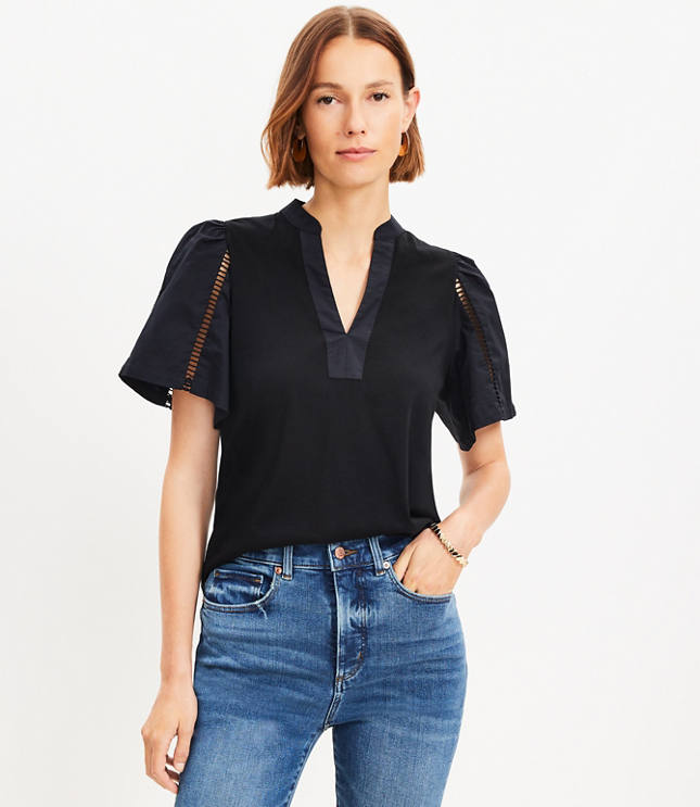 Cutout Mixed Media Flutter Sleeve Top