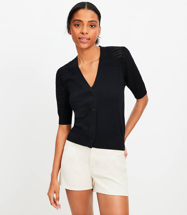 Pointelle Puff Sleeve V-Neck Cardigan