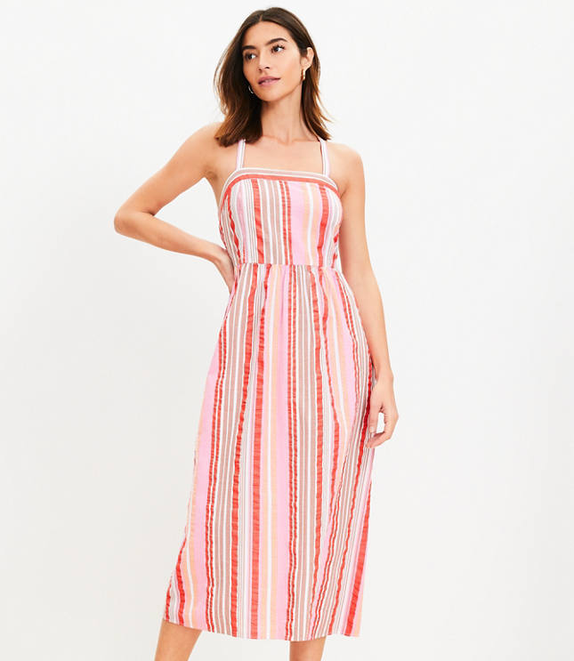 Striped Ruffle Scoop Neck Midi Dress