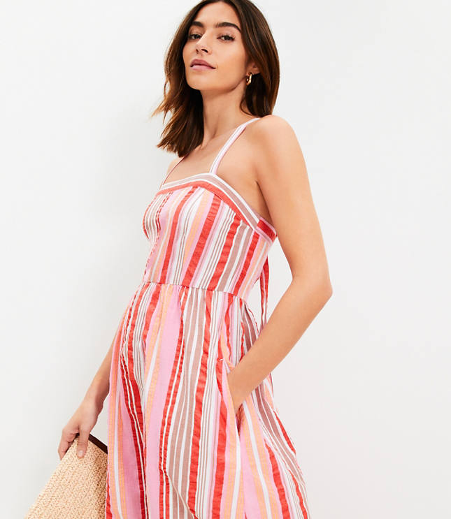 Striped Ruffle Strappy Midi Dress - White