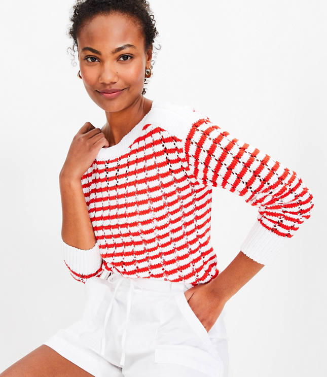 Stripe Mesh Stitch Boatneck Sweater - Tamale Red