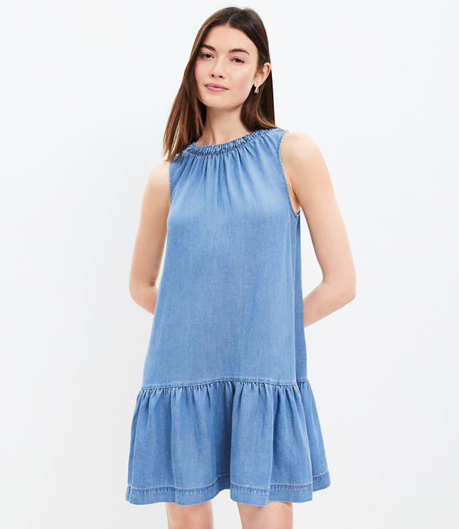 Chambray Ruched Flounce Swing Dress