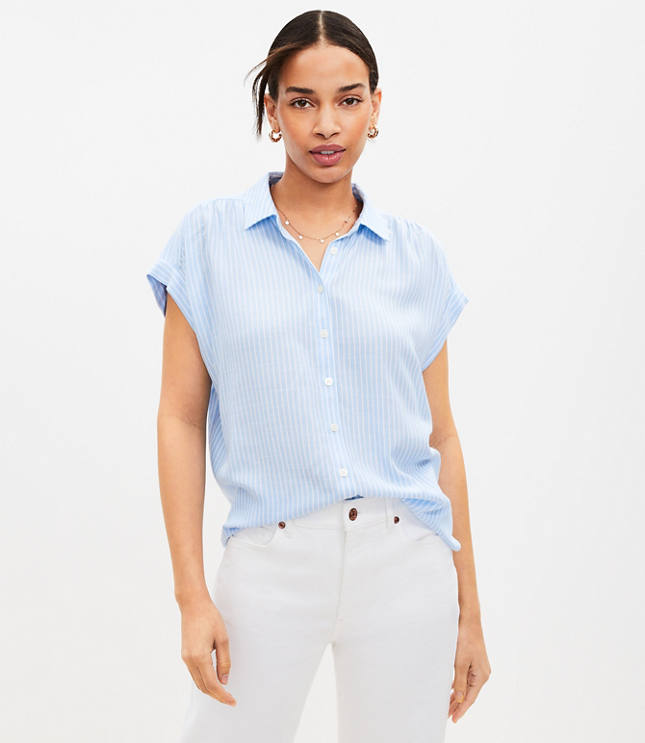 Women's Executive Blue & White Fine Stripe Fitted Shirt With White Collar  and Cuffs