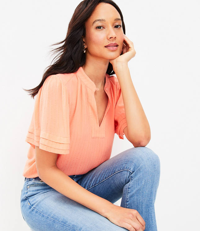 Petite Striped Pleated Cuff Top