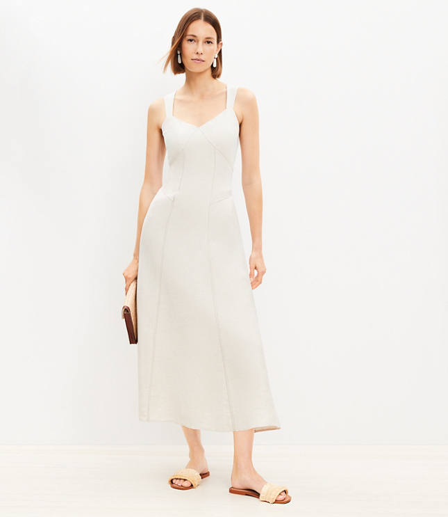 Linen Blend Seamed V-Neck Midi Dress - Neutral Multi